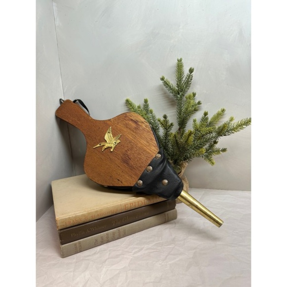 Vintage Wood Fireplace Bellows‎ Brass Eagle Hearth Tool Black Leather Accents